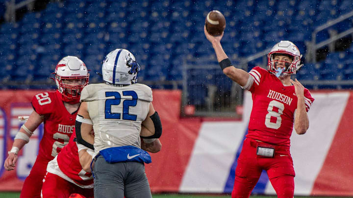 Hudson quarterback Jake Attaway throws in the fourth quarter against Fairhaven at Gillette Stadium Wednesday. Hudson quarterback Jake Attaway throws in the fourth quarter against Fairhaven at Gillette Stadium Wednesday.