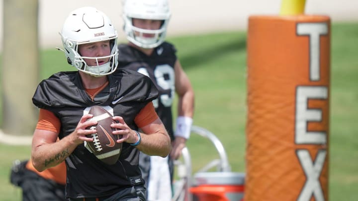 Texas Longhorns Quinn Ewers,3, during the first fall football camp practice for the Texas Longhorns at Denius Fields on Wednesday, July 31, 2024.