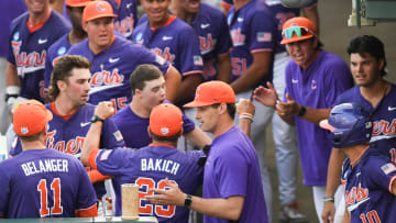 Jun 9, 2024; Clemson, SC, USA; Clemson director of program development Jack Leggett  and Clemson Head Coach Erik Bakich were both ejected during the top of the 13th inning of the NCAA baseball Clemson Super Regional at Doug Kingsmore Stadium. 