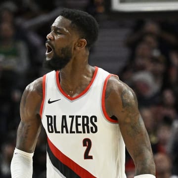 Mar 13, 2024; Portland, Oregon, USA; Portland Trail Blazers center Deandre Ayton (2) reacts after scoring a basket during the second half against the Atlanta Hawks at Moda Center. Mandatory Credit: Troy Wayrynen-USA TODAY Sports