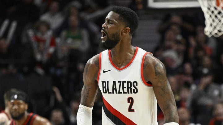 Mar 13, 2024; Portland, Oregon, USA; Portland Trail Blazers center Deandre Ayton (2) reacts after scoring a basket during the second half against the Atlanta Hawks at Moda Center. Mandatory Credit: Troy Wayrynen-USA TODAY Sports