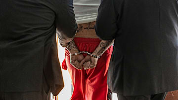 FX’s American Sports Story: Aaron Hernandez -- Pictured: (center) Josh Rivera as Aaron Hernandez. CR: Eric Liebowitz/ FX
