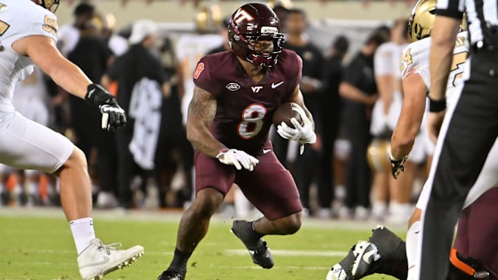 Sep 6, 2025; Blacksburg, Va. Virginia Tech running back Terion Stewart (8) runs the ball during the second quarter. Sep 6, 2025; Blacksburg, Va. Virginia Tech running back Terion Stewart (8) runs the ball during the second quarter.