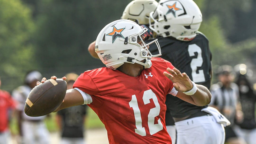 Mountain View Prep quarterback Bryson Drummond (12) passes during a preseason scrimmage day in Williamston, in early August 12, 2024. The Stars look like an instant power after their 66-0 over Atlantic Collegiate Academy in MVP's first game in program history.