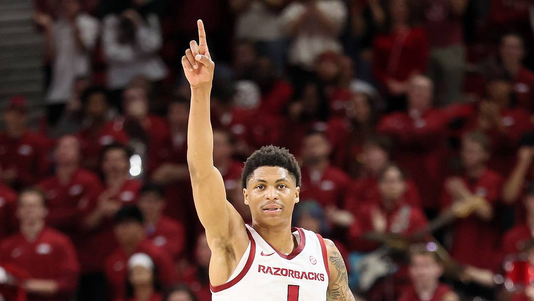 Feb 21, 2026; Fayetteville, Arkansas, USA; Arkansas Razorbacks guard Meleek Thomas (1) reacts after a play against the Missouri Tigers during the first half at Bud Walton Arena. Mandatory Credit: Nelson Chenault-Imagn Images