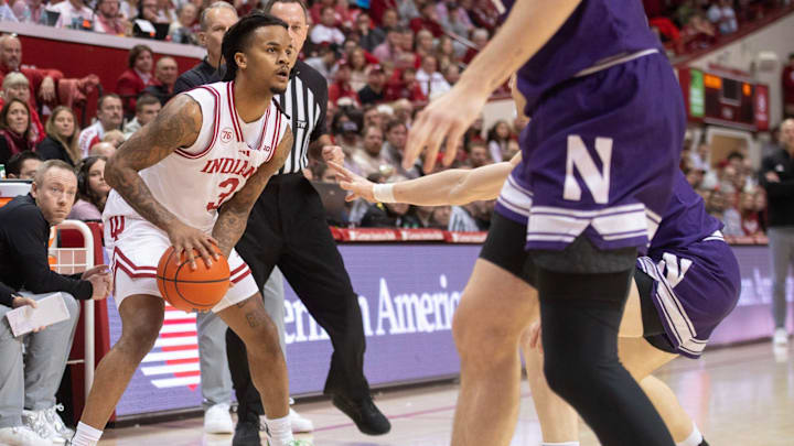 Indiana's Lamar Wilkerson (3) during the Indiana versus Northwestern men's basketball game at Simon Skjodt Assembly Hall on Tuesday, Feb. 24, 2026.