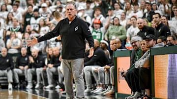 Michigan State's head coach Tom Izzo reacts to a foul during the first half in the game against Iowa