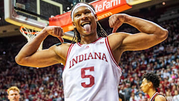 Indiana's Malik Reneau (5) celebrates after a basket and a foul during the Indiana versus Sam Houston men's basketball game at Simon Skjodt Assembly Hall on Tuesday, Dec. 3, 2024.