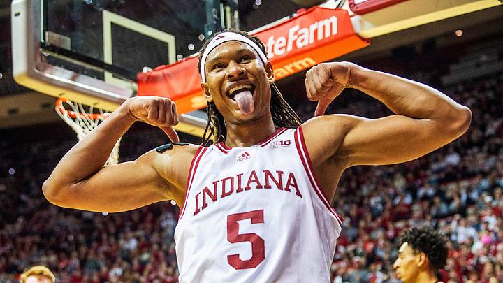 Indiana's Malik Reneau (5) celebrates after a basket and a foul during the Indiana versus Sam Houston men's basketball game at Simon Skjodt Assembly Hall on Tuesday, Dec. 3, 2024.
