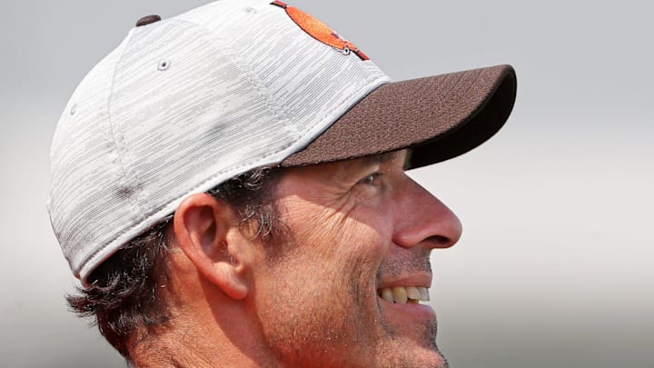 Cleveland Browns chief strategy officer Paul DePodesta watches the team practice during NFL football training camp, Saturday, July 31, 2021, in Berea, Ohio.