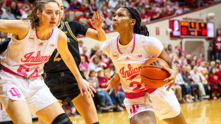 Indiana's Chloe Moore-McNeil (22) drives and scores during the second half of the Indiana versus Northwestern women's basketball game at Simon Skjodt Assembly Hall on Sunday, Jan. 28, 2024.