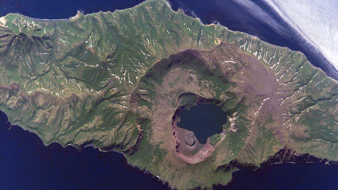 The Zavaritskii Caldera on Simushir Island, the site of a climate-altering 1831 volcanic eruption, as seen from the International Space Station.