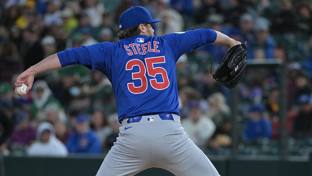 Apr 1, 2025; West Sacramento, California, USA; Chicago Cubs pitcher Justin Steele (35) throws a pitch against the Athletics during the second inning at Sutter Health Park. Ed Szczepanski-Imagn Images