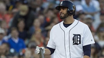 Former Detroit Tigers right fielder J.D. Martinez (28) reacts after striking out in the third inning against the Los Angeles Angels at Comerica Park.