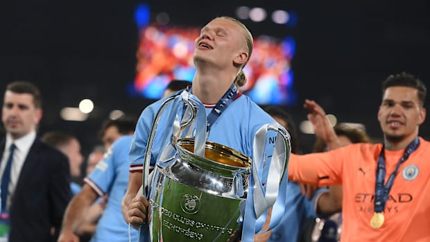 Erling Haaland with the Champions League trophy in 2023.