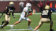 Sep 20, 2025; Blacksburg, Va.; Virginia Tech wide receiver Ayden Greene (0) runs after a catch.