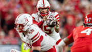 Nebraska quarterback Dylan Raiola takes snap while offensive lineman Henry Lutovsky prepares to protect against Cincinnati in Kansas City.