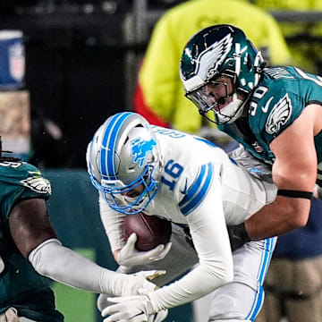 Detroit Lions quarterback Jared Goff is sacked by Philadelphia Eagles linebacker Jaelan Phillips (50) during the first half 