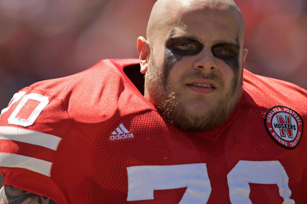Nebraska Cornhuskers linebacker Matt Slauson (70) during the 2008 Red-White spring game. The Red team won 24-14.
