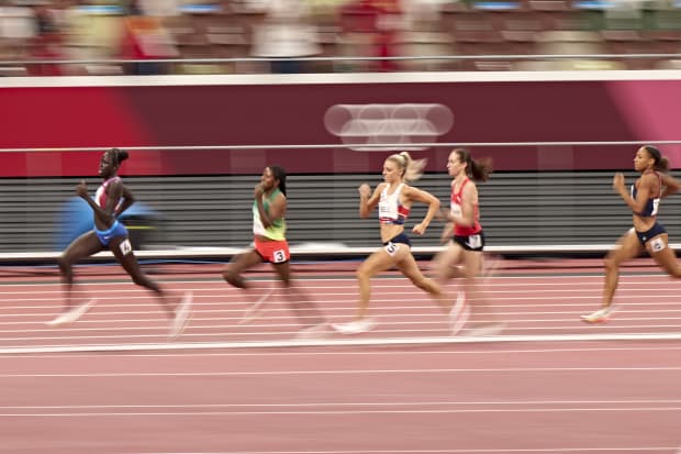 U.S. runner Athing Mu breaks away during the women's 800 to win gold at the Tokyo Olympics. 