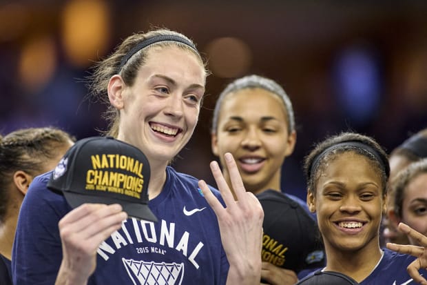 Breanna Stewart celebrates winning an NCAA championship with the UConn Huskies. 