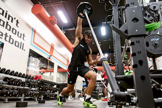 Senior forward Amari Evans does strength training at the OTE facility.
