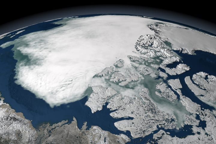 A satellite image shows the Beaufort Sea north of Canada's Ellesmere Island covered in sea ice.