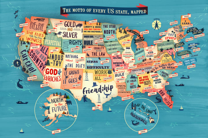 Map of the U.S. featuring state mottos