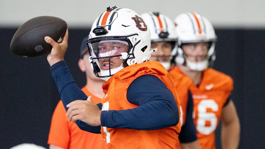 Auburn quarterback Byrum Brown throws the ball during practice.