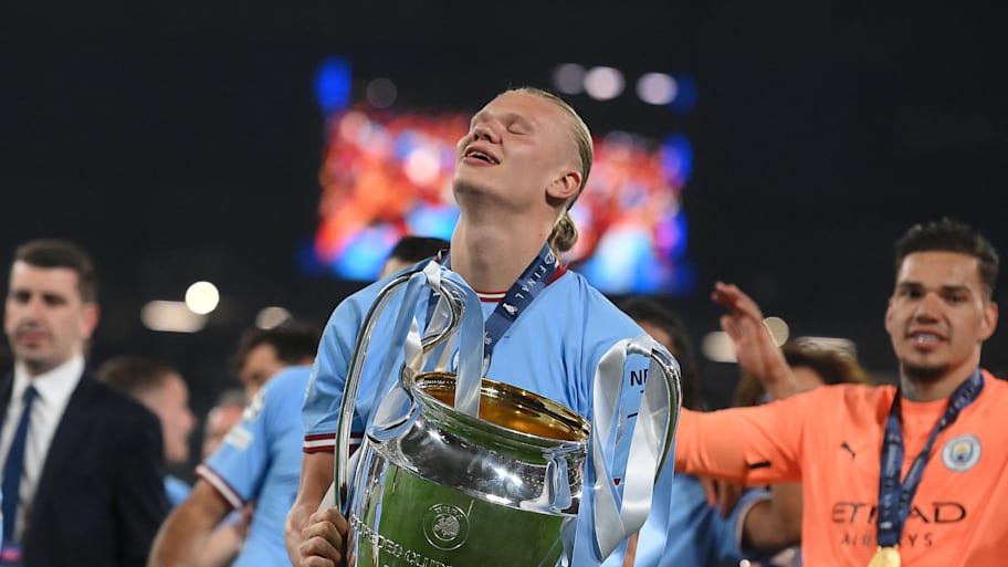 Erling Haaland with the Champions League trophy in 2023.