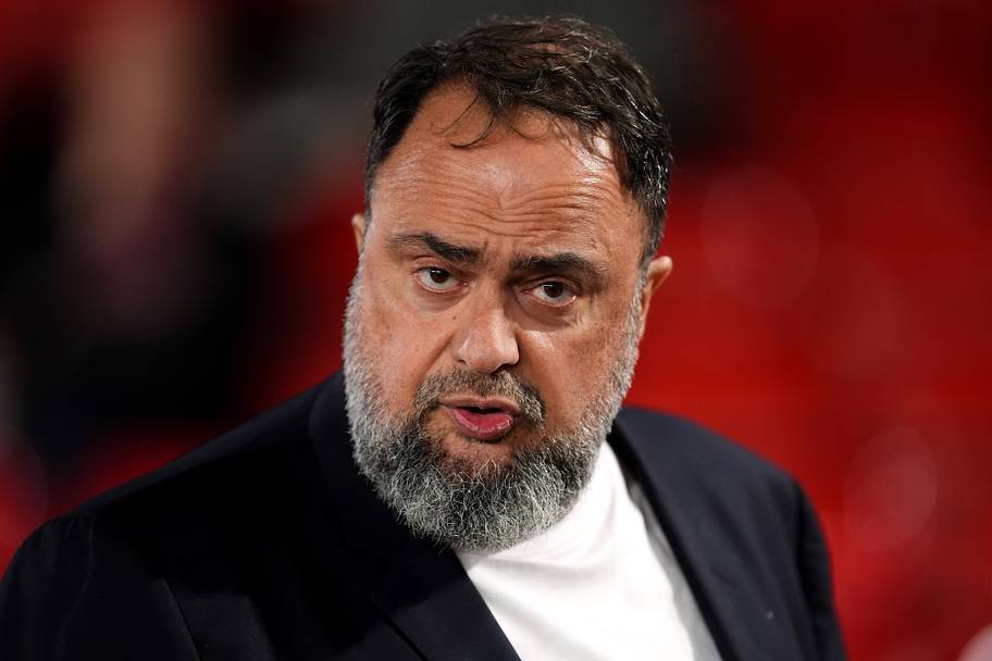 Nottingham Forest owner Evangelos Marinakis looks displeased.