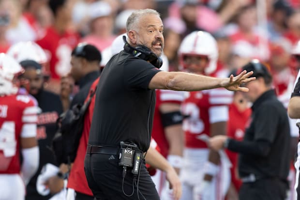 Nebraska football head coach Matt Rhule gives instructions against Akron.