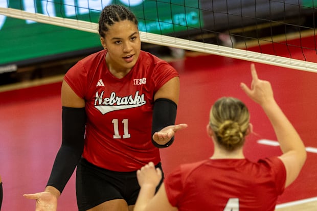 Nebraska outside hitter Teraya Sigler celebrates with setter Campbell Flynn during the Red-White Scrimmage on Saturday.
