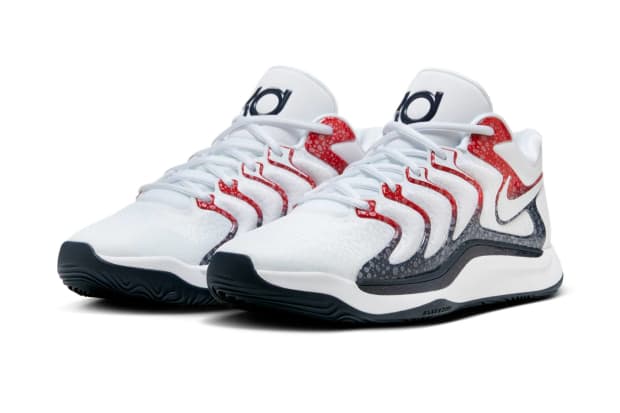 Kevin Durant's white and red Nike sneakers.