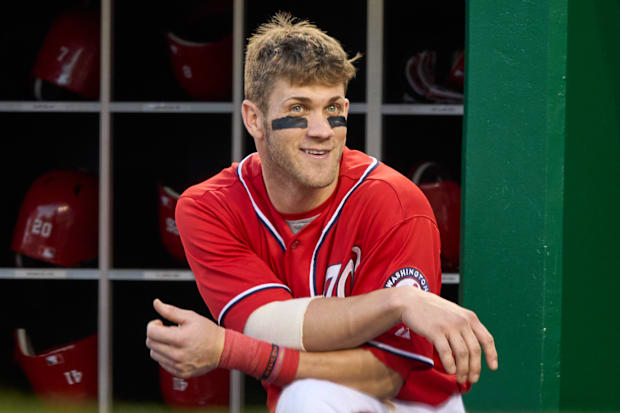 Bryce Harper looks on from the Nationals’ dugout.