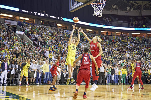 Forward Breanna Stewart shoots the ball for the Seattle Storm against the Washington Mystics. 