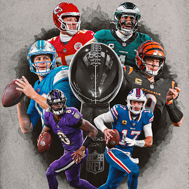 Graphic with Lombardi Trophy and photos of Patrick Mahomes, Jalen Hurts, Jared Goff, Joe Burrow, Lamar Jackson and Josh Allen