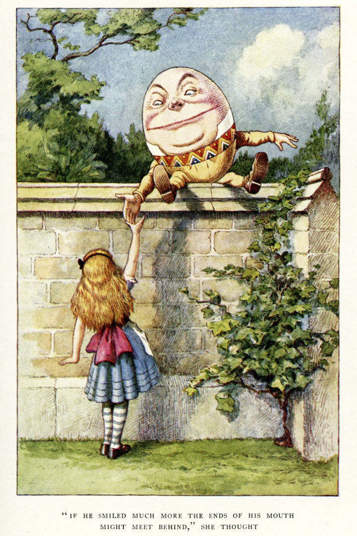 john tenniel's illustration of alice meeting humpty dumpty