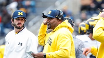Michigan offensive pass game coordinator and wide receivers coach Ron Bellamy during the spring game at Michigan Stadium in Ann Arbor on Saturday, April 20, 2024.