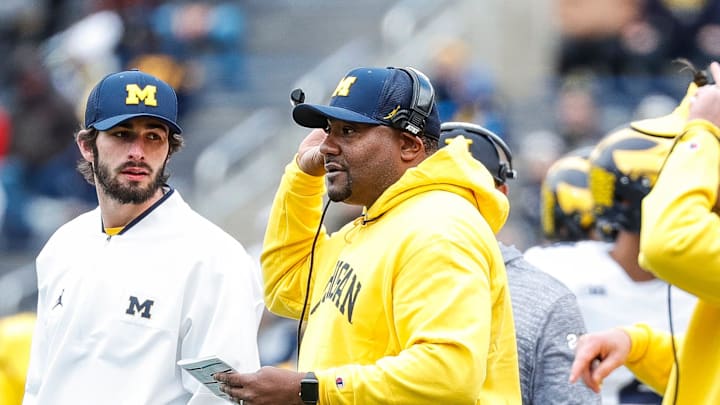 Michigan offensive pass game coordinator and wide receivers coach Ron Bellamy during the spring game at Michigan Stadium in Ann Arbor on Saturday, April 20, 2024.