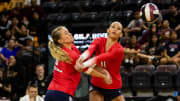 Arizona Wildcats women's volleyball defensive specialist Haven Wray (8) and outside hitter Jaelyn Hodge (11) bump into each other at Mullett Arena in Tempe on Sept. 21, 2023.