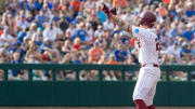 Gamecocks utility Ethan Petry (20) with a double in Game 2 of the NCAA Super Regional against the Florida Gators