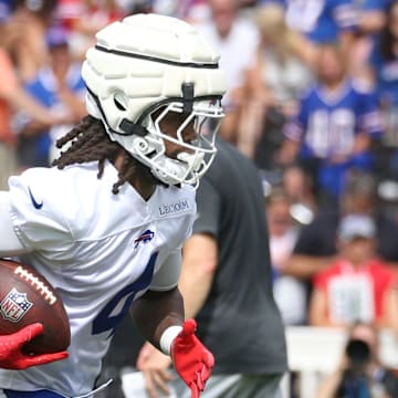 Bills running back James Cook runs after a catch during day three of Buffalo Bills training camp at St. John Fisher University Friday, July 25, 2025 in Pittsford, NY.