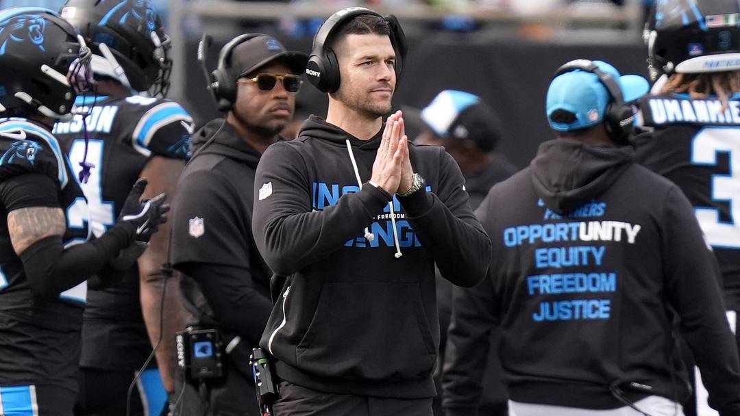 Dec 21, 2025; Charlotte, North Carolina, USA; Carolina Panthers head coach Dave Canales during the first half against the Tampa Bay Buccaneers at Bank of America Stadium. Mandatory Credit: Jim Dedmon-Imagn Images
