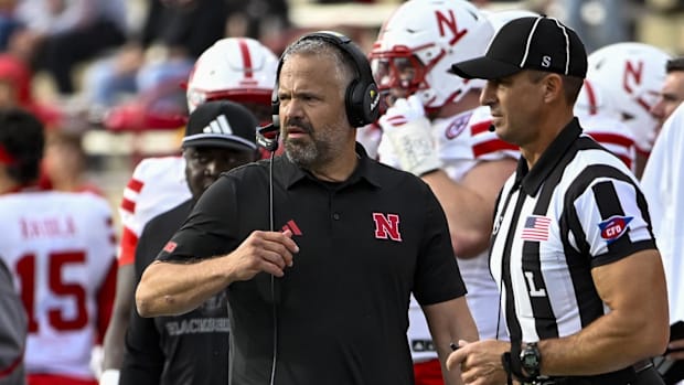 Nebraska head coach Matt Rhule walks the sidelines during the game against Maryland
