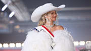 Dec 25, 2024; Houston, Texas, USA; Musician Beyonce preforms during the half time show between the Baltimore Ravens and the Houston Texans at NRG Stadium. Mandatory Credit: Julian Dakdouk Parkwood Entertainment via Imagn Images