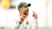 Michigan State's defensive coordinator Joe Rossi gives instructions while working with linebackers during camp on Monday, Aug. 5, 2024, at the indoor practice facility in East Lansing.