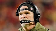 Washington Commanders head coach Dan Quinn reacts during the first half against the Kansas City Chiefs.