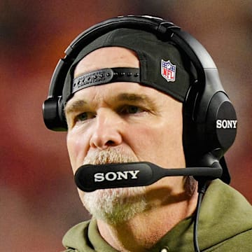 Washington Commanders head coach Dan Quinn reacts during the first half against the Kansas City Chiefs.
