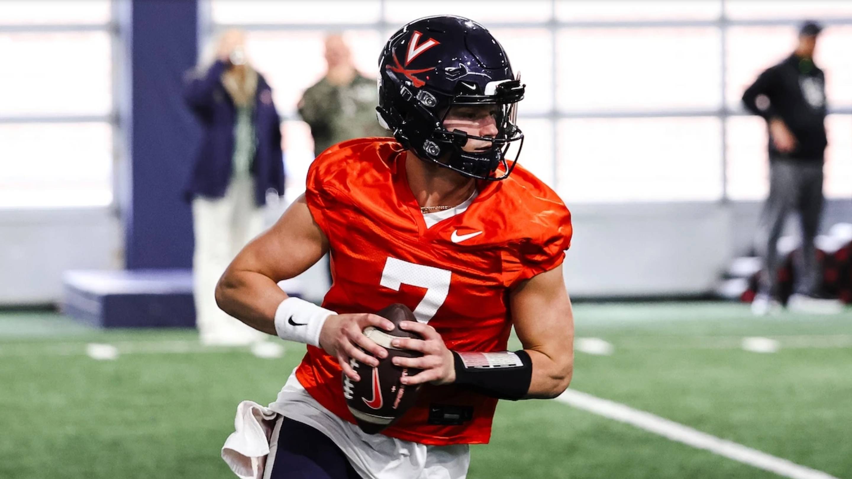 Virginia Cavaliers quarterback Beau Pribula (7) drops back in spring practice.